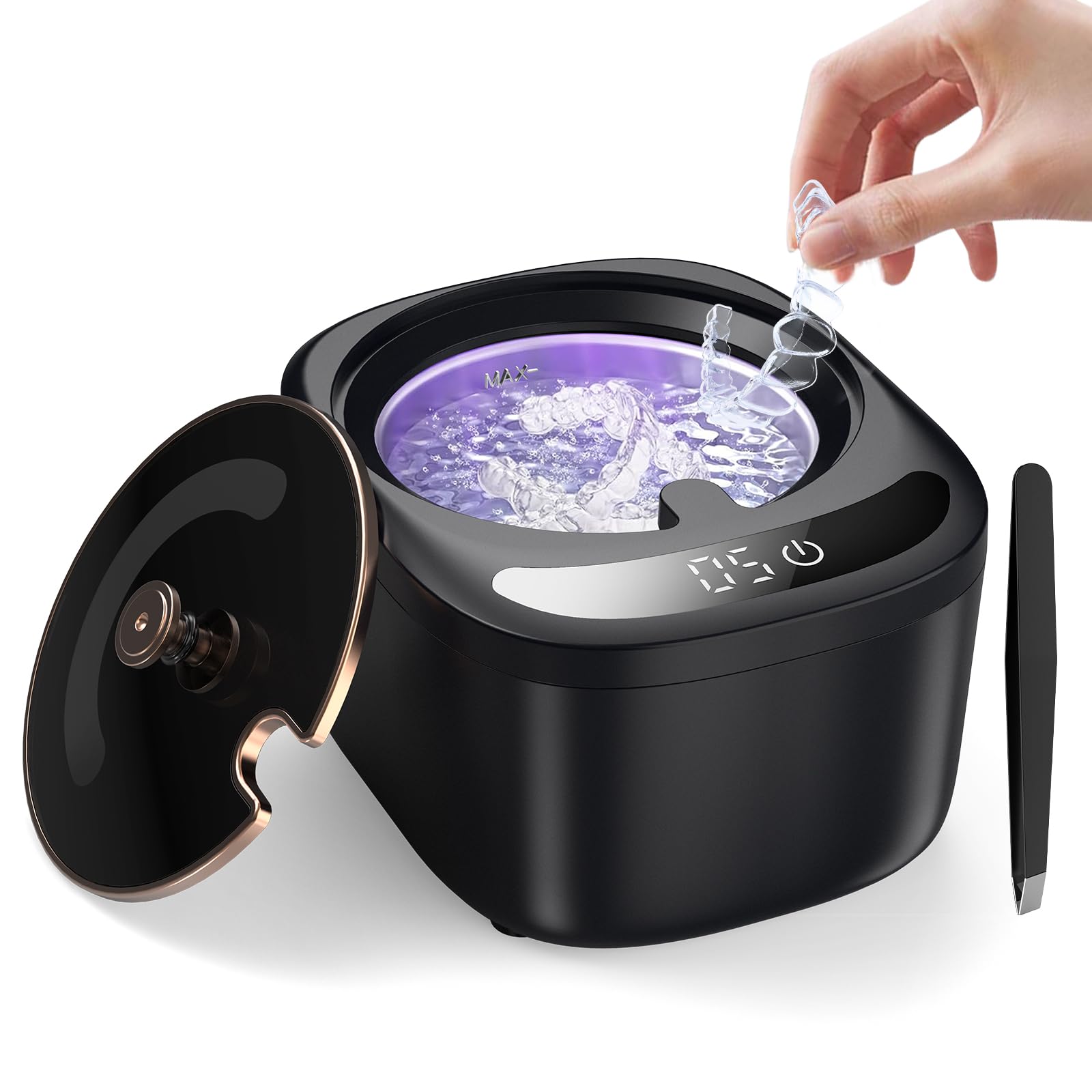Ultrasonic retainer cleaner device on bathroom counter
