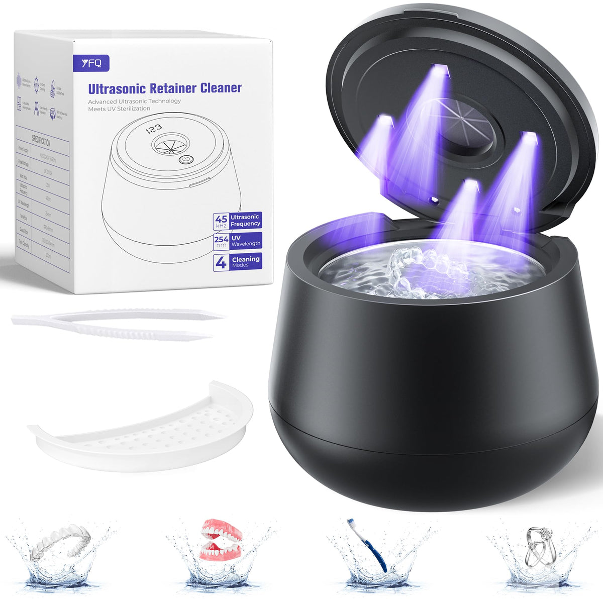 Front view of 45kHz ultrasonic retainer cleaner with 200ml tank