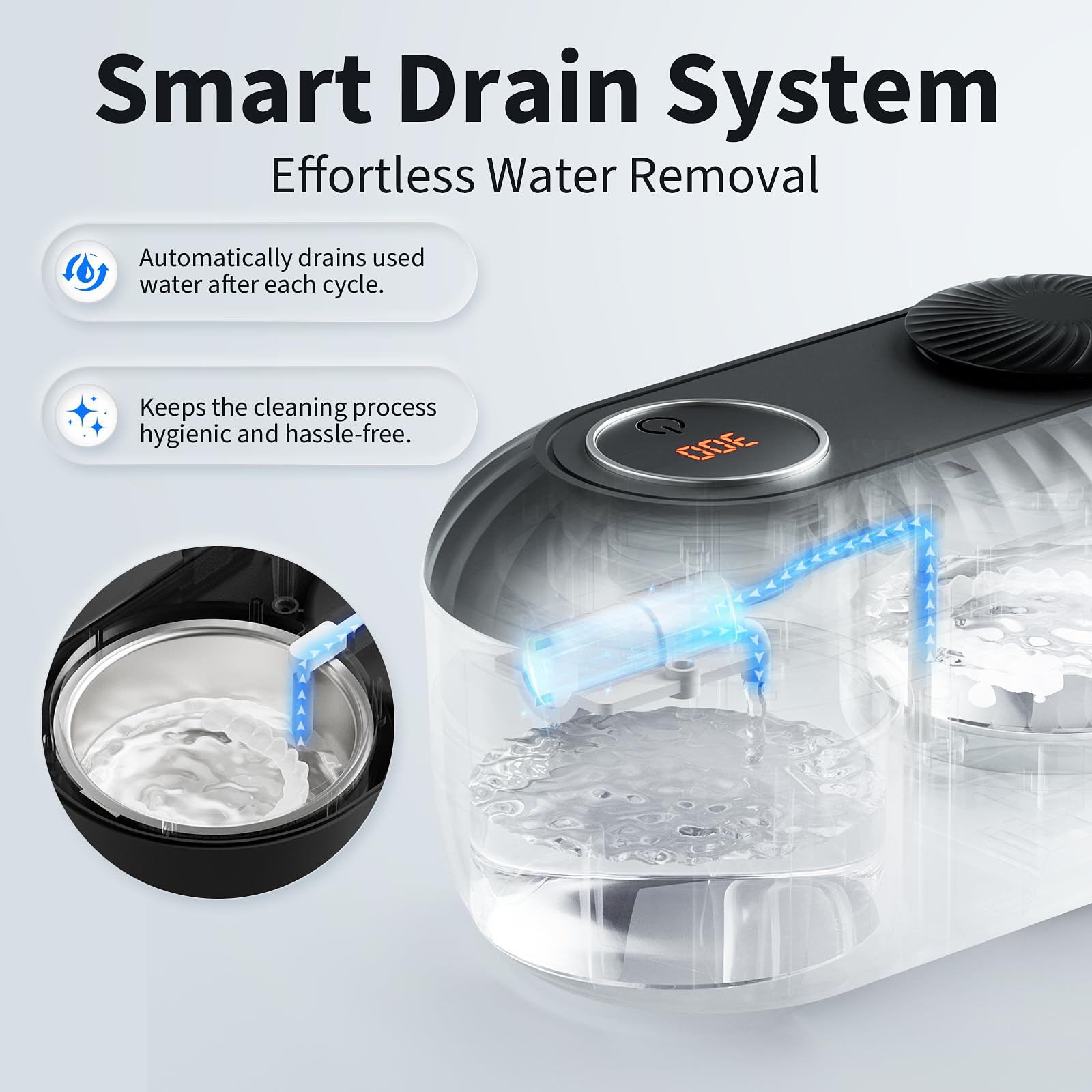Close-up of the 200 ml water tank and drainage system