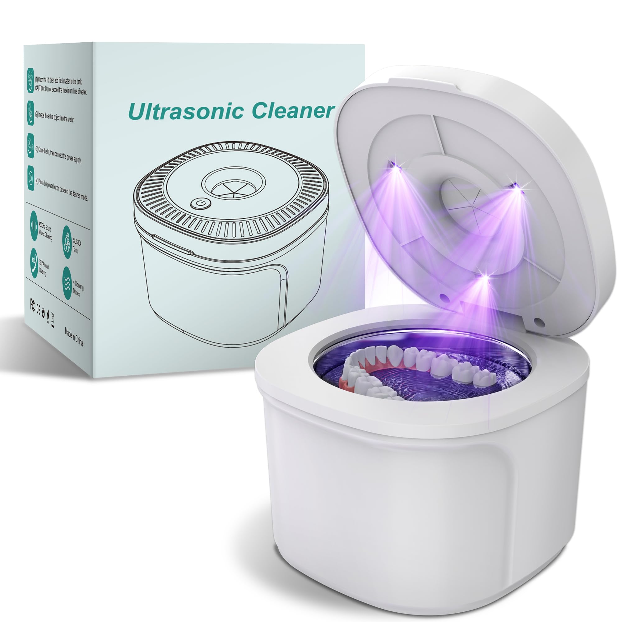 Ultrasonic retainer cleaner with UV lamp, white finish