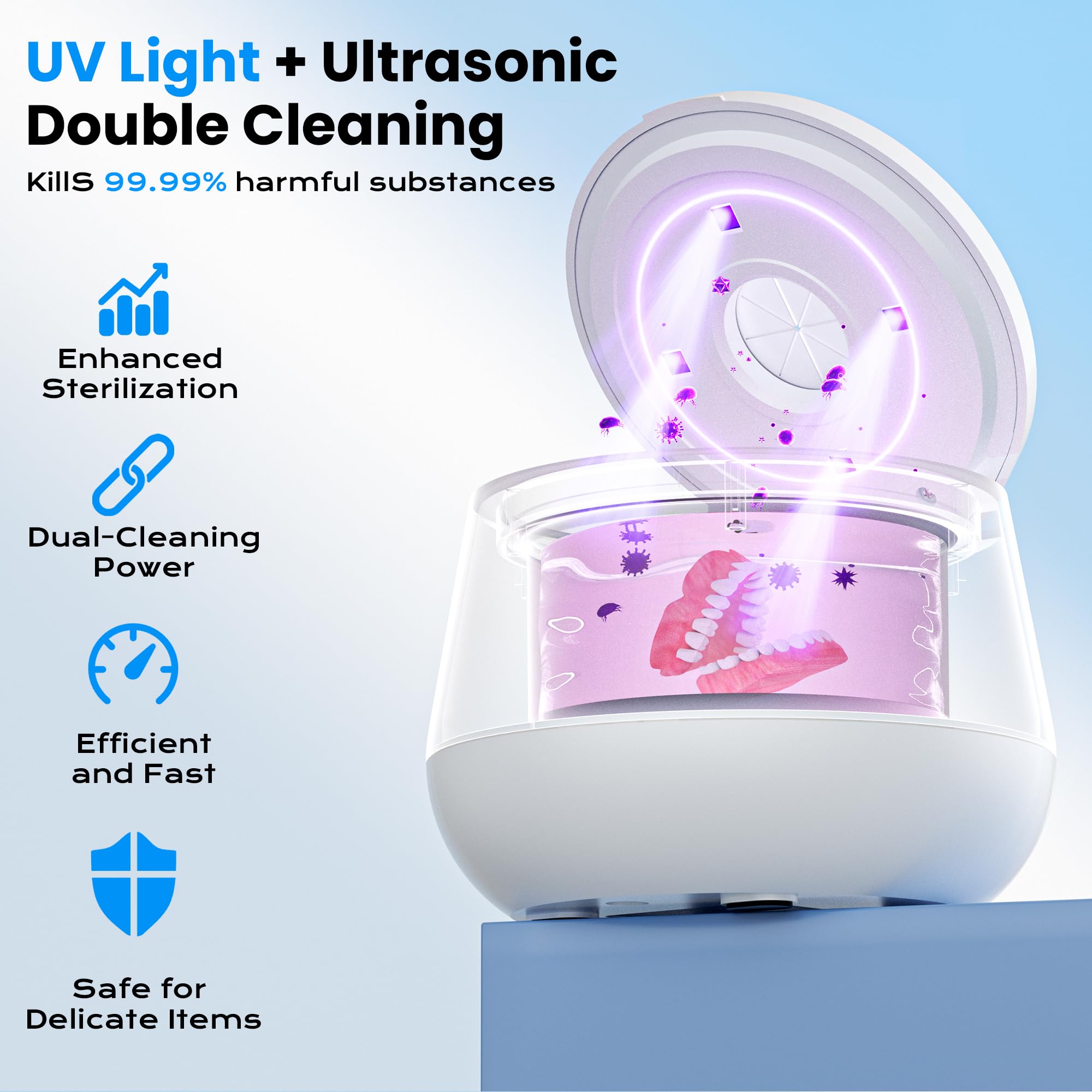 Cleaning dentures, retainers, braces in the ultrasonic bath