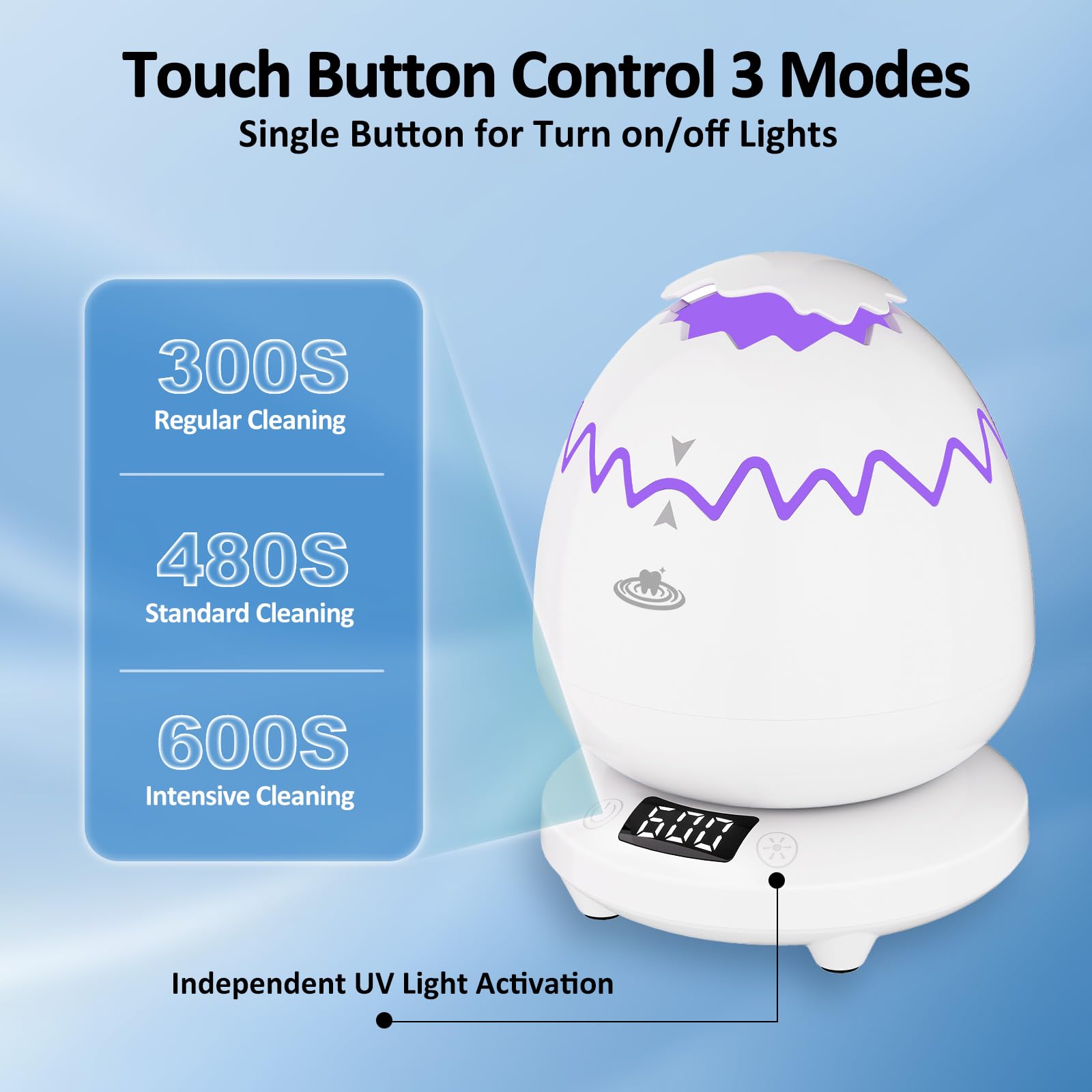 Cleaning modes 300/480/600 seconds on control panel