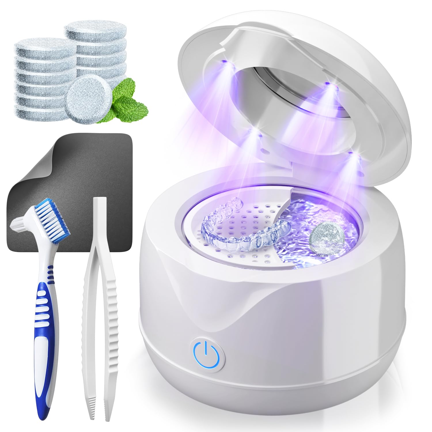Ultrasonic retainer cleaner machine with tablets, brush kit, drying rack, tweezers and cleaning cloth