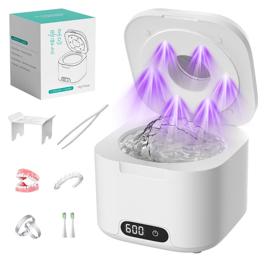Ultrasonic retainer cleaner with UV light in white finish