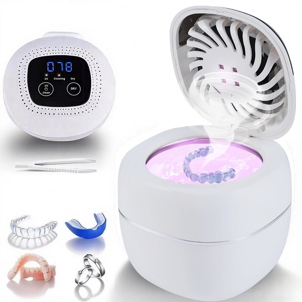 White ultrasonic retainer cleaner with dryer fan front view