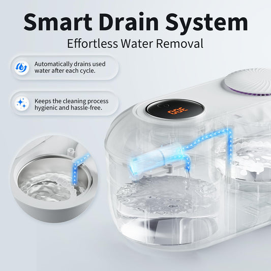 Close-up of built-in 200ml water tank for draining