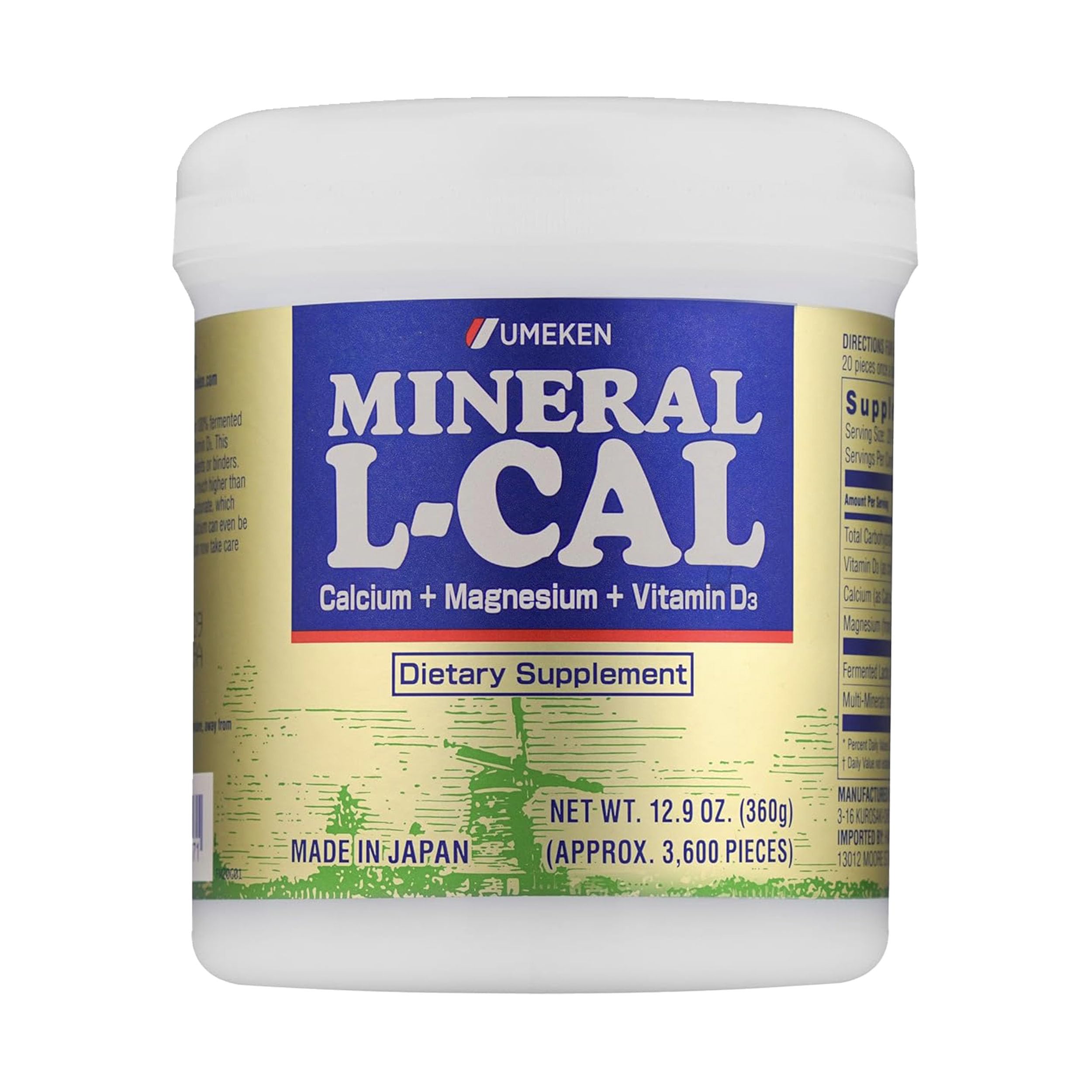 Product image: Umeken Mineral L-Calcium with Vitamin D3 bottle and packaging (360g, 3,600 balls)