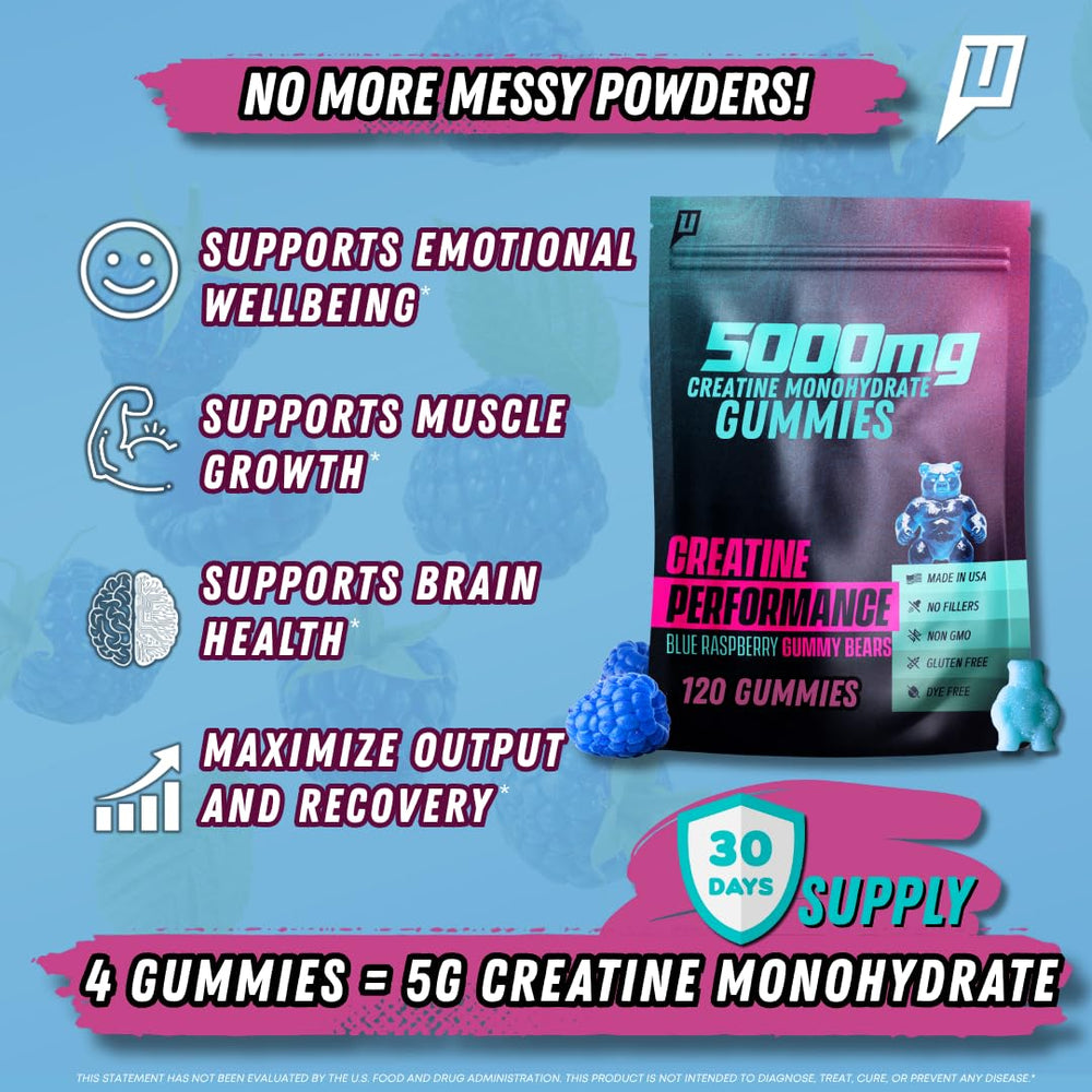 Close-up of a blue raspberry creatine gummy
