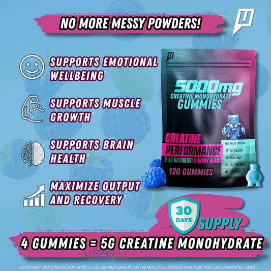 Close-up of a blue raspberry creatine gummy