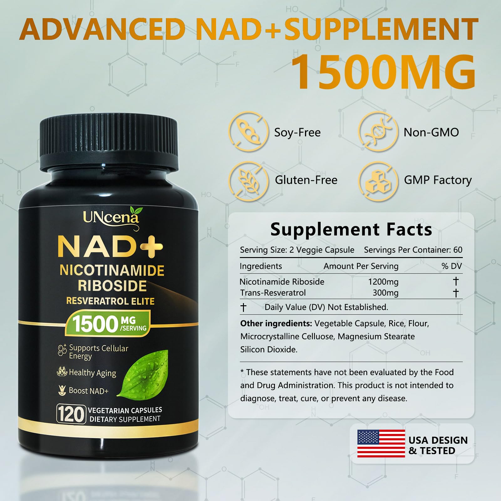 UNcena NAD supplement resveratrol visual showcases antioxidant synergy