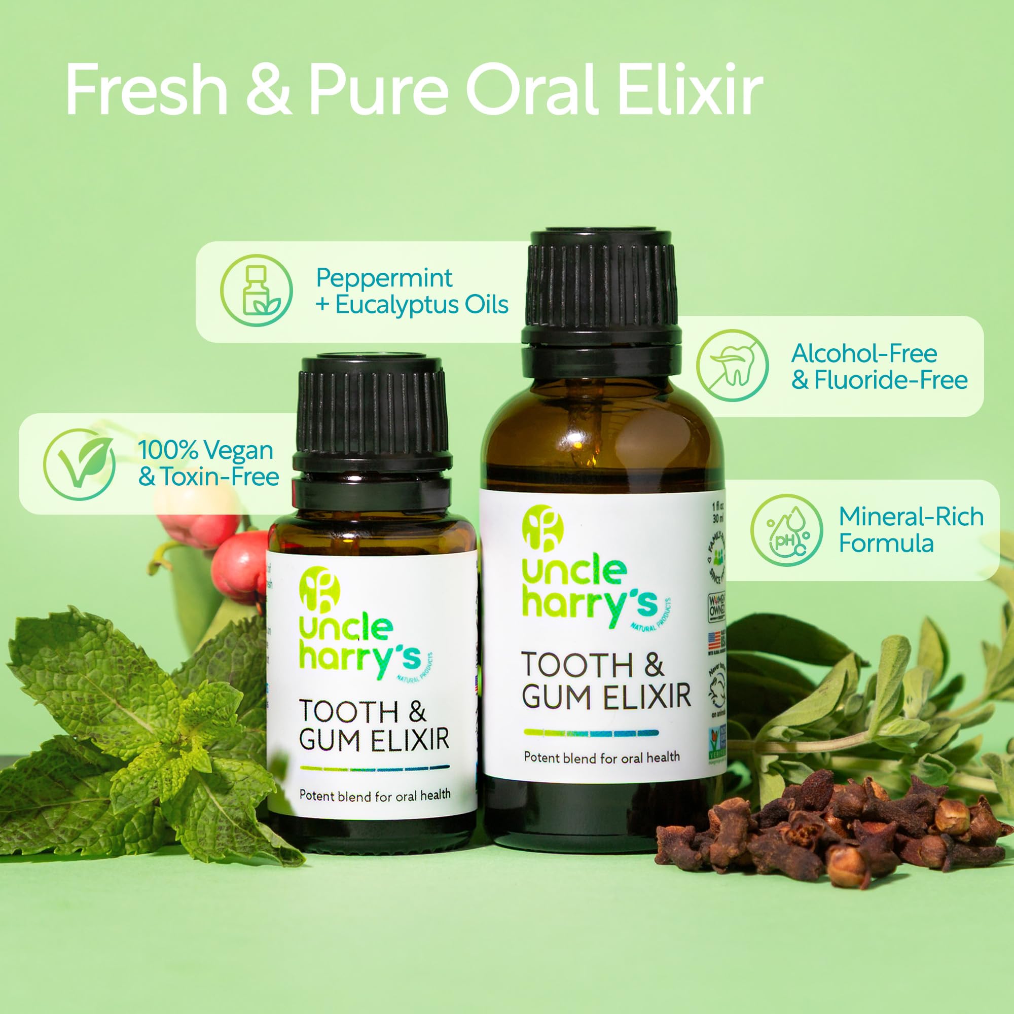 Ingredients list for Uncle Harry's mouthwash including essential oils