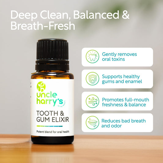 Back packaging of Uncle Harry's Aromatherapy Tooth & Gum Elixir bottle (0.5 oz)
