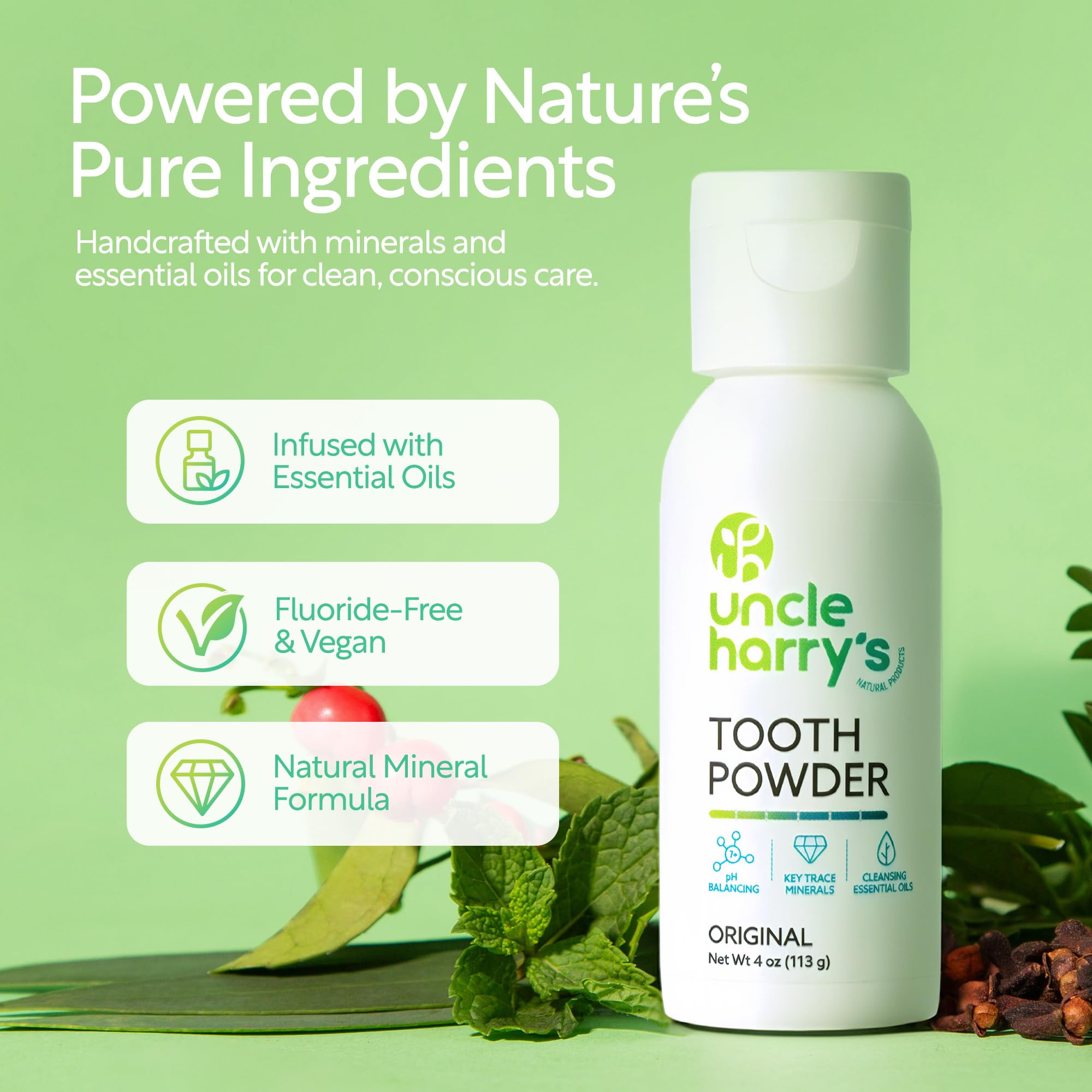 Label of Uncle Harry's Remineralizing Tooth Powder