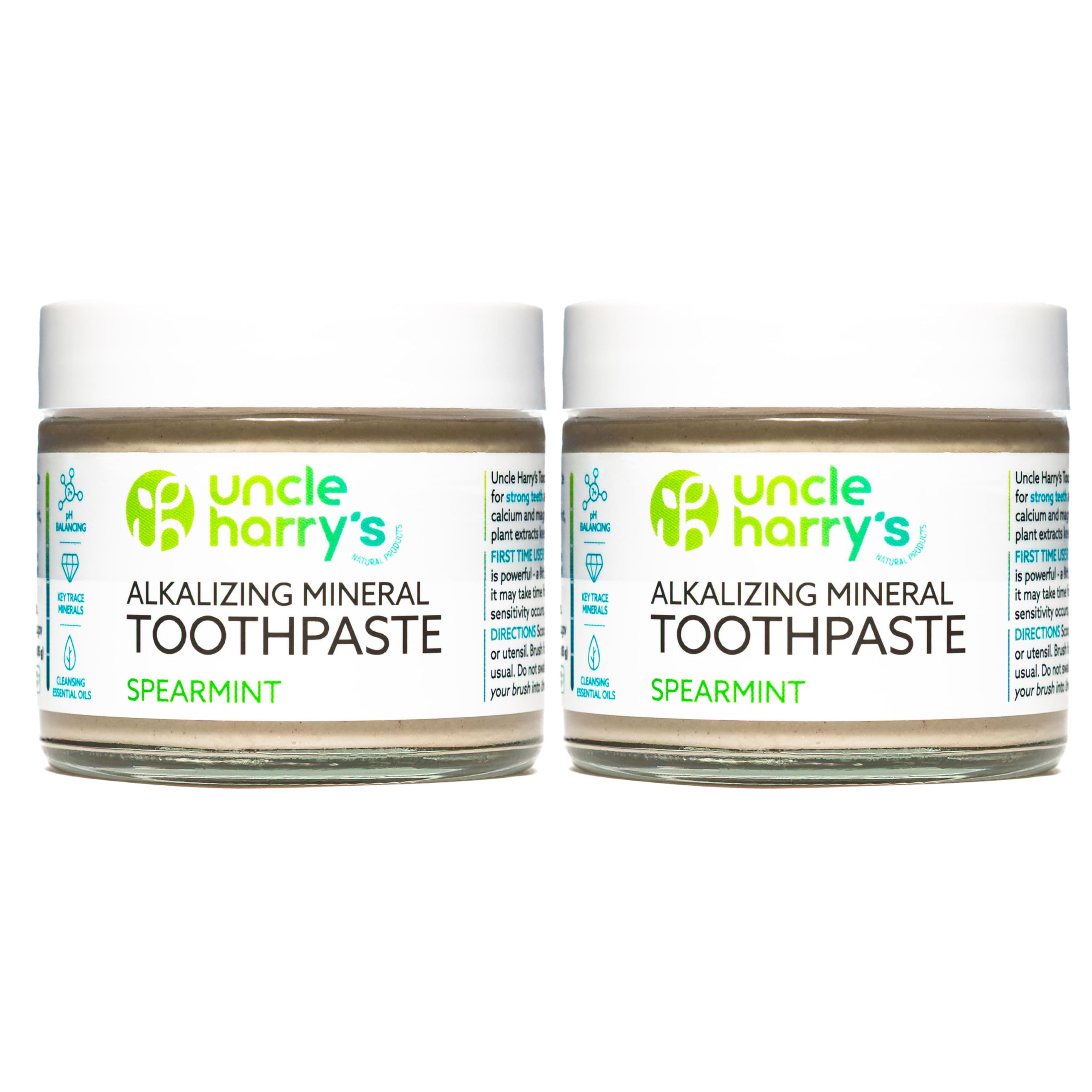 Two-pack Uncle Harry's Spearmint Remineralizing Toothpaste in glass jars