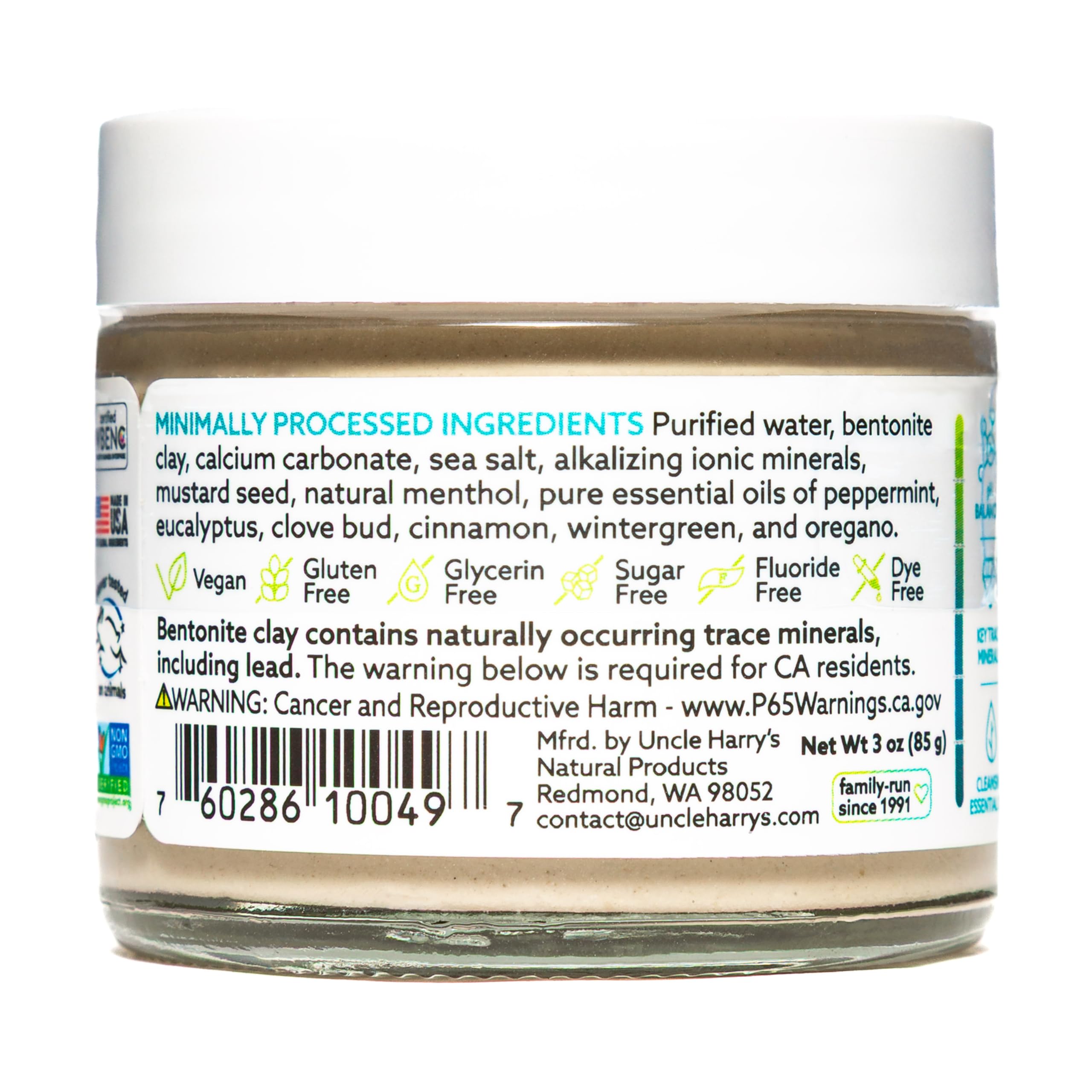 Ingredients including bentonite clay, sea salt, calcium, magnesium, and spearmint oils
