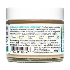 Ingredients including bentonite clay, sea salt, calcium, magnesium, and spearmint oils