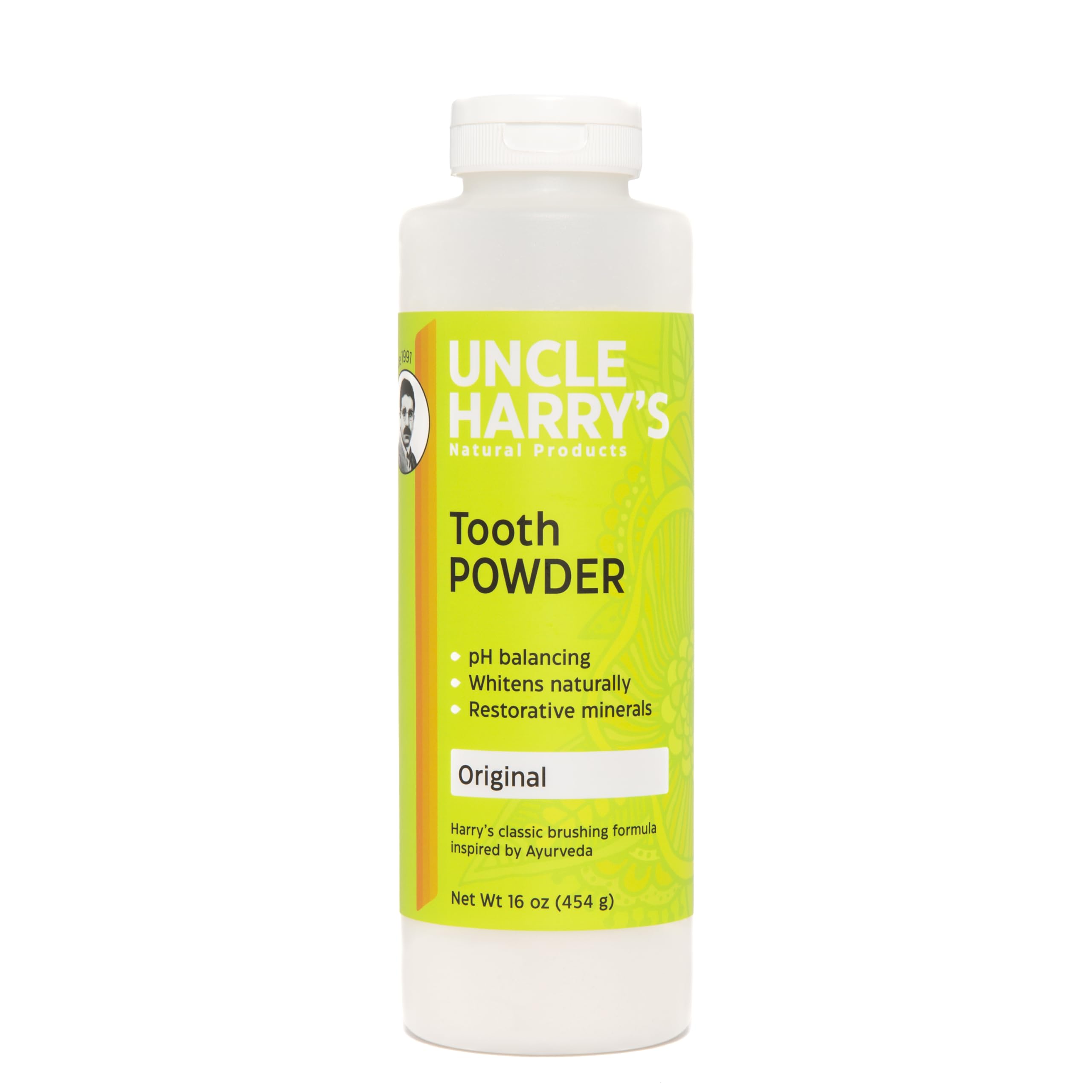 Front view of Uncle Harry's All Natural Tooth Powder 16oz bottle