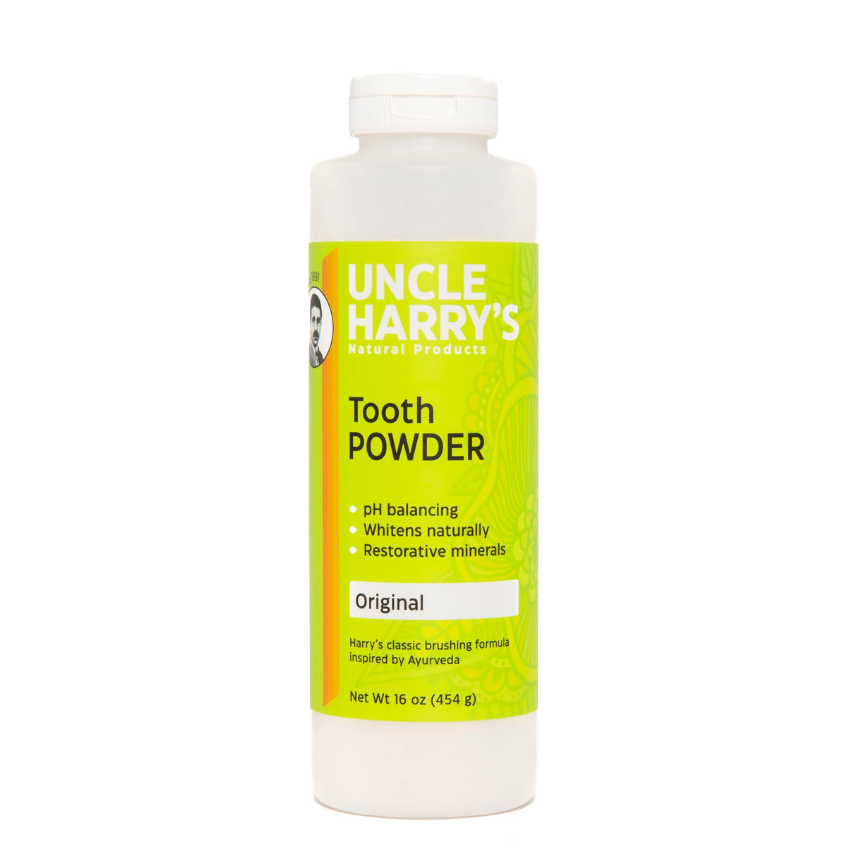 Front view of Uncle Harry's All Natural Tooth Powder 16oz bottle