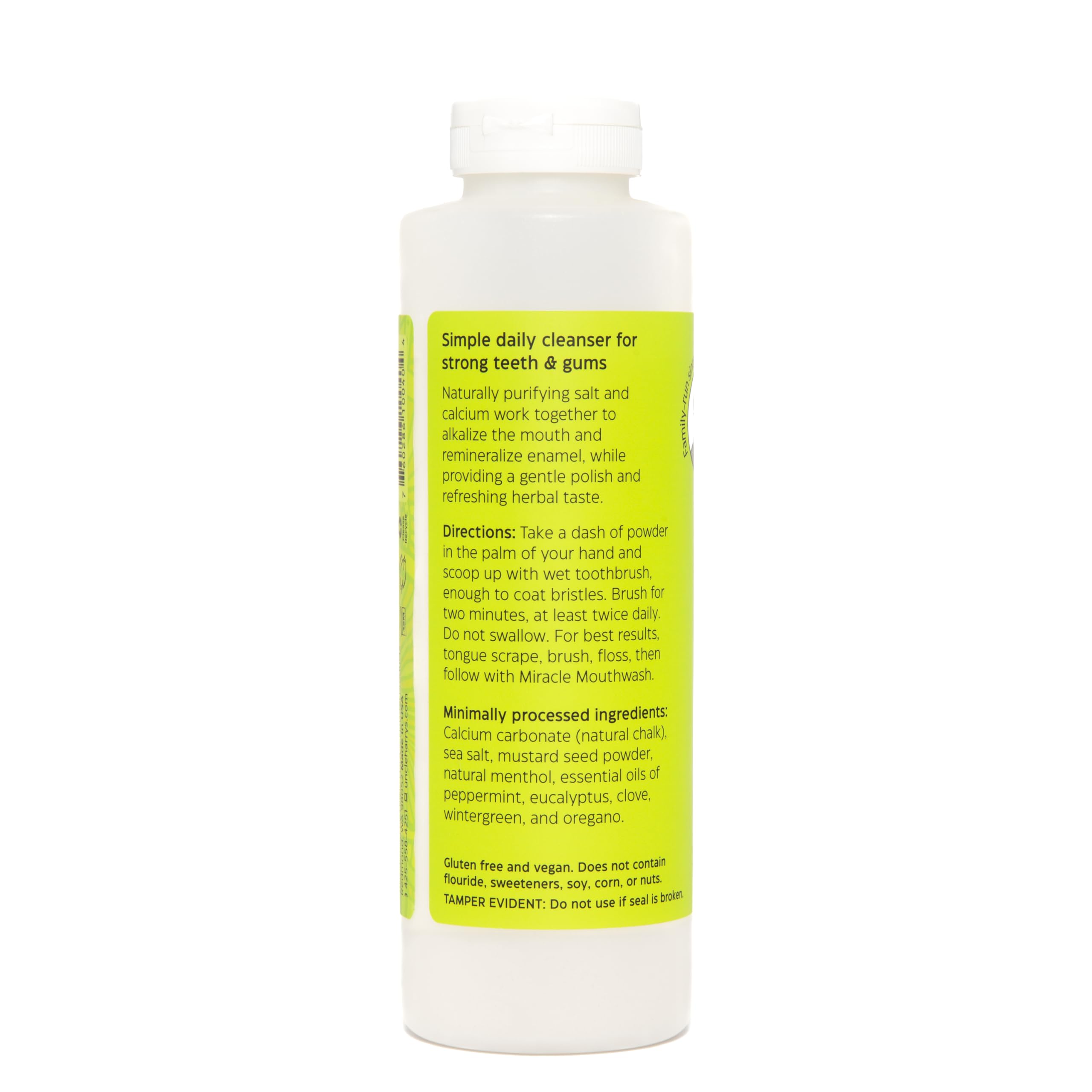 Packaging of Uncle Harry's All Natural Tooth Powder 16oz bottle