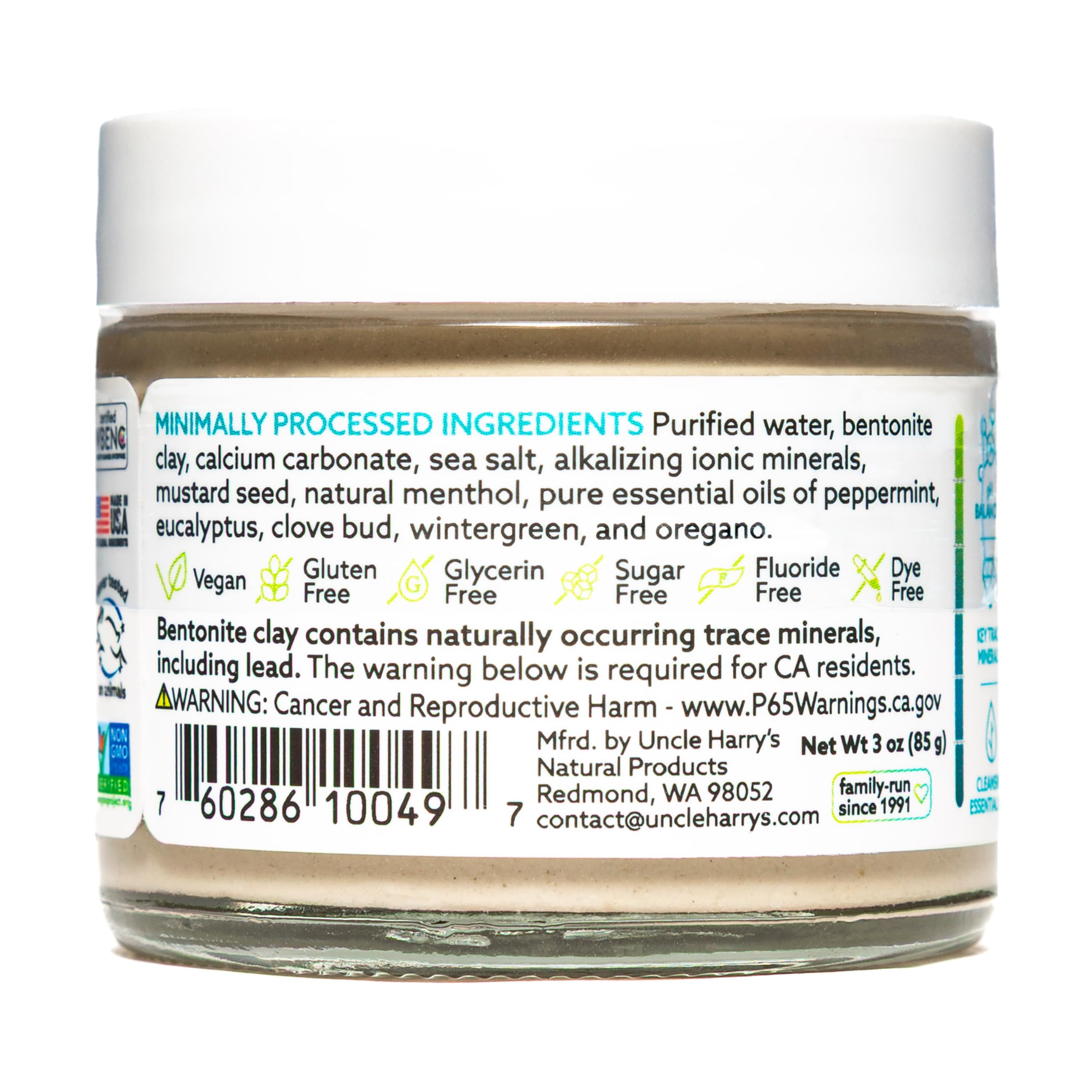 Ingredient highlights: mineral clay, sea salt, and plant essences in Uncle Harry's toothpaste.