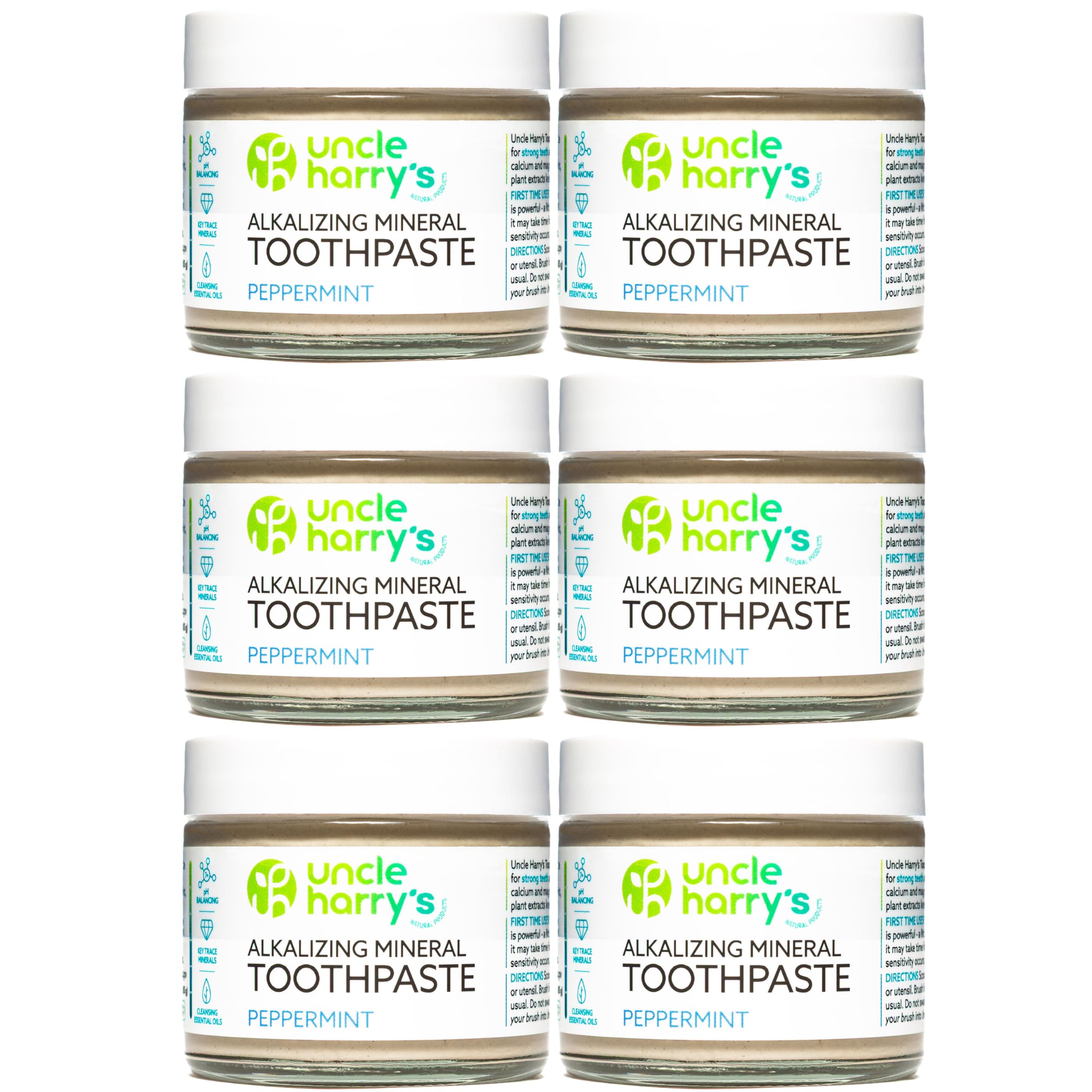 Six 3 oz glass jars of Uncle Harry's Peppermint toothpaste in a pack (6 jars).