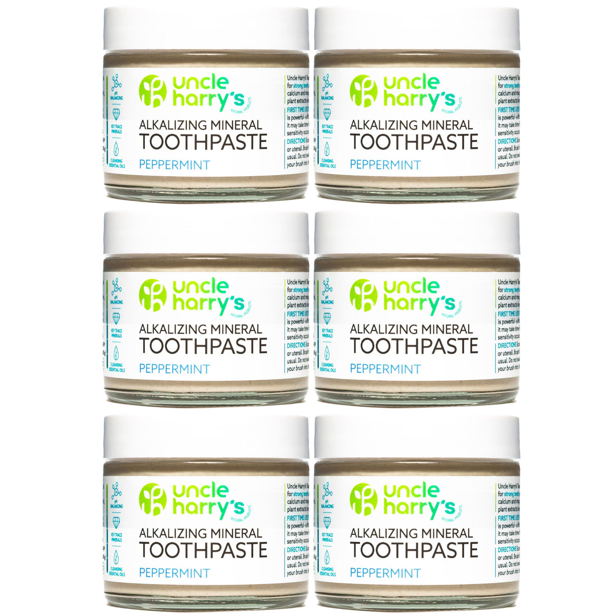 Six 3 oz glass jars of Uncle Harry's Peppermint toothpaste in a pack (6 jars).