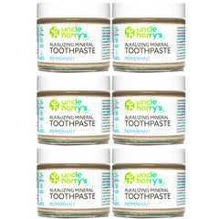 Six 3 oz glass jars of Uncle Harry's Peppermint toothpaste in a pack (6 jars).