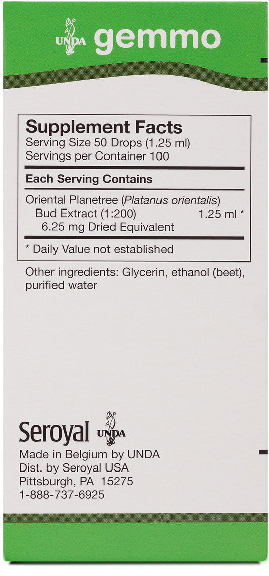 Close-up of UNDA Gemmo Therapy Planatus Orientalis plane buds extract label