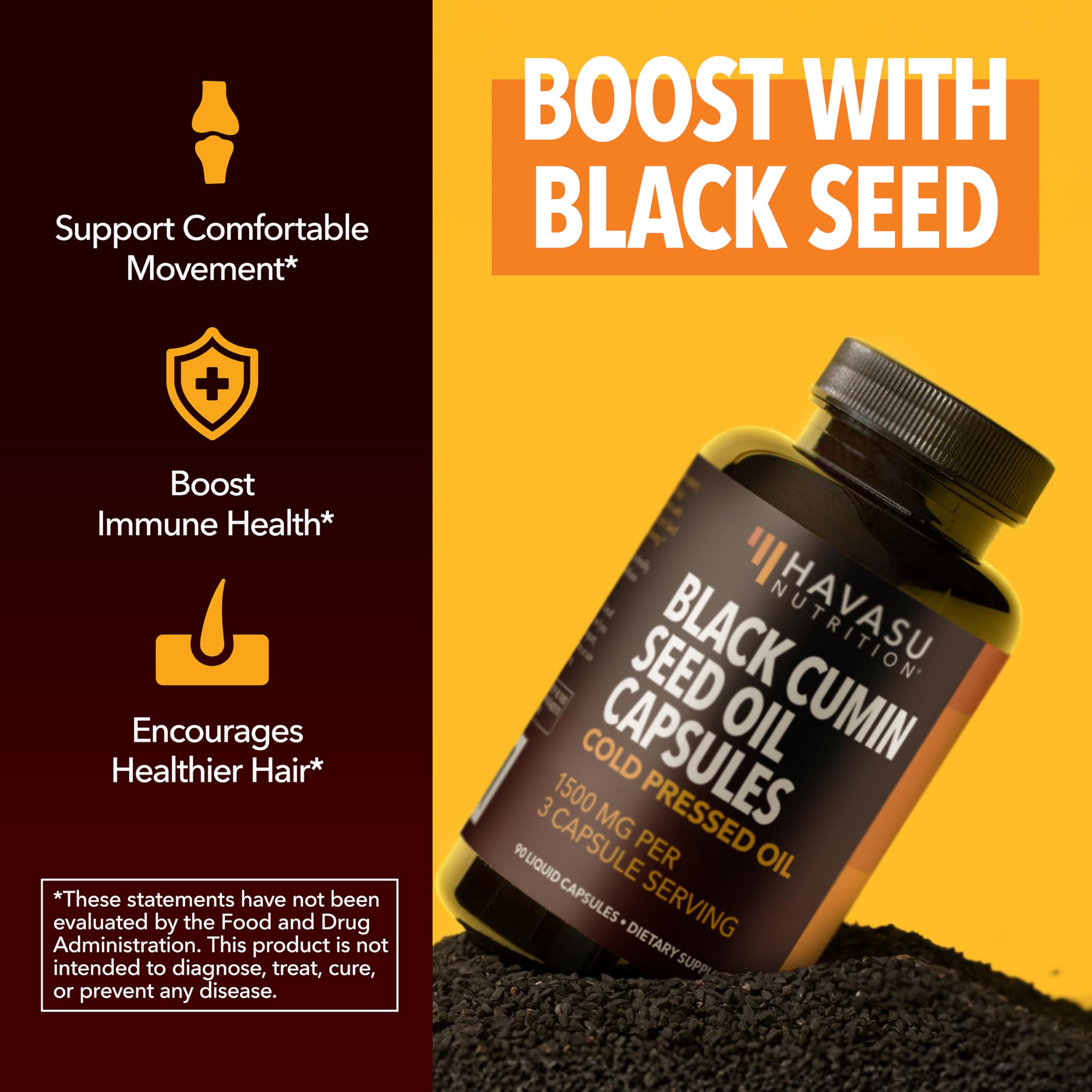 Unflavored black seed oil capsules in a bottle