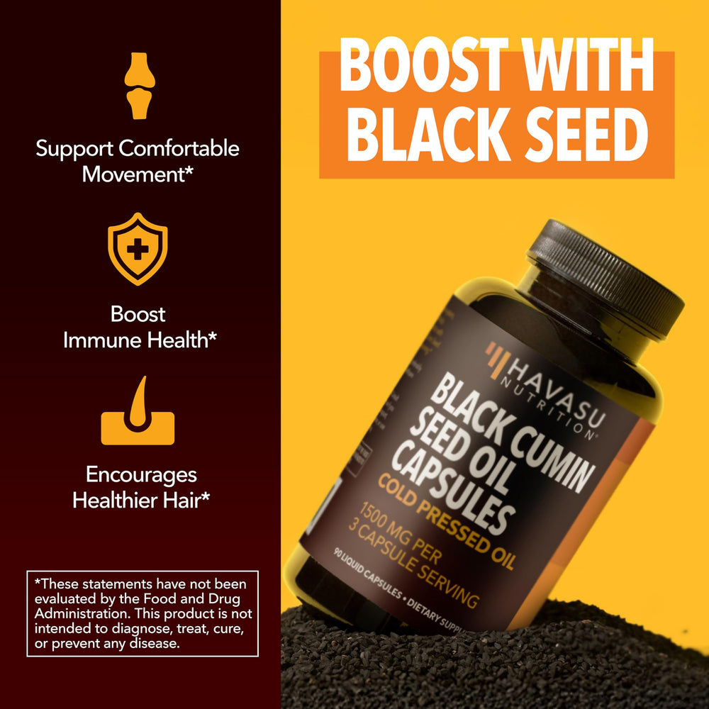 Unflavored black seed oil capsules in a bottle