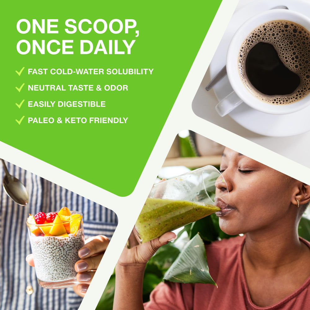 Unflavored collagen powder easily mixes into coffee or smoothie