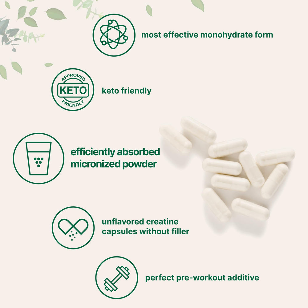 Unflavored creatine monohydrate capsules on white background