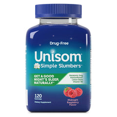 Unisom Simple Slumbers Melatonin Gummies Midnight Raspberry bottle and packaging