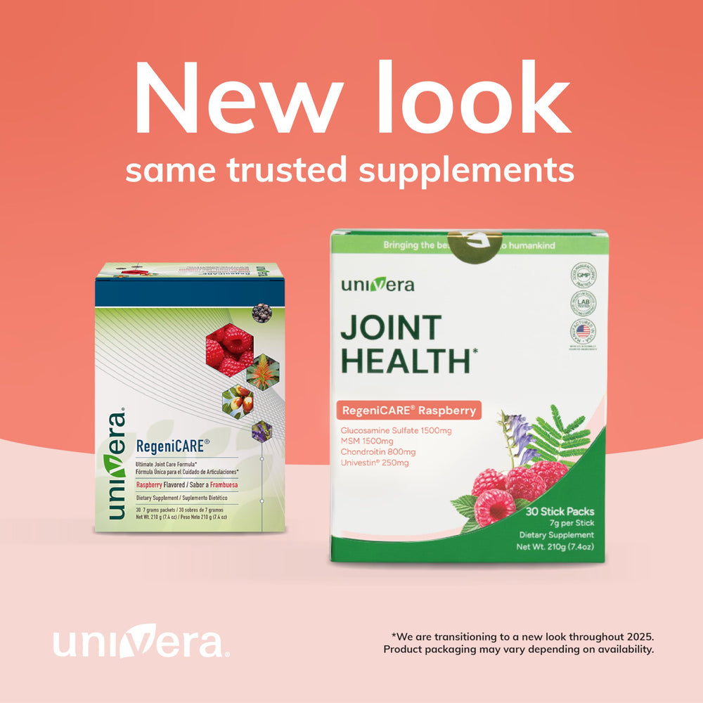 Univera raspberry-flavor drink mix ready to refresh daily joint comfort.