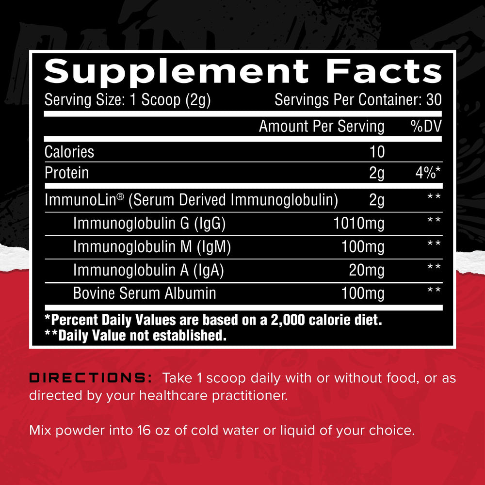Label close-up highlighting ImmunoLin non-dairy immunoglobulin.