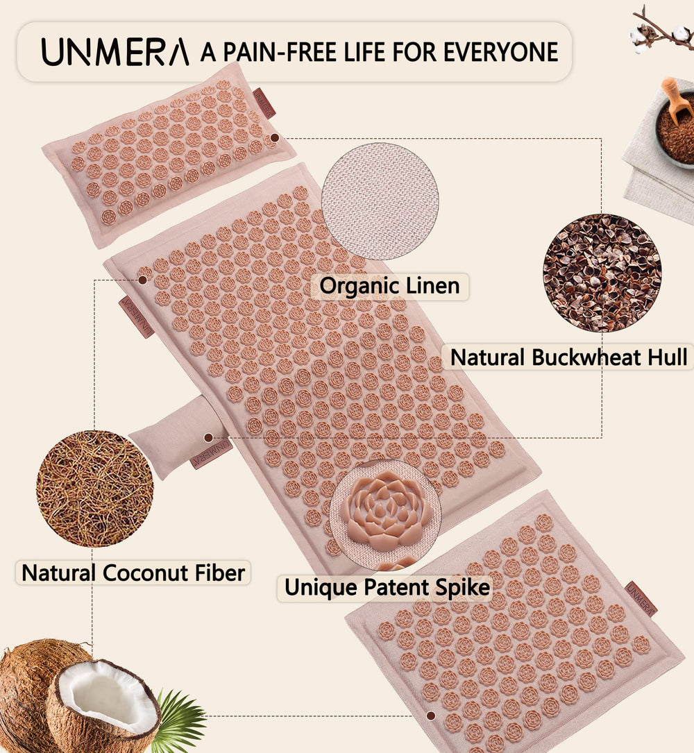 Close-up of camellia spikes on UNMERA acupressure mat showing thousands of pressure points