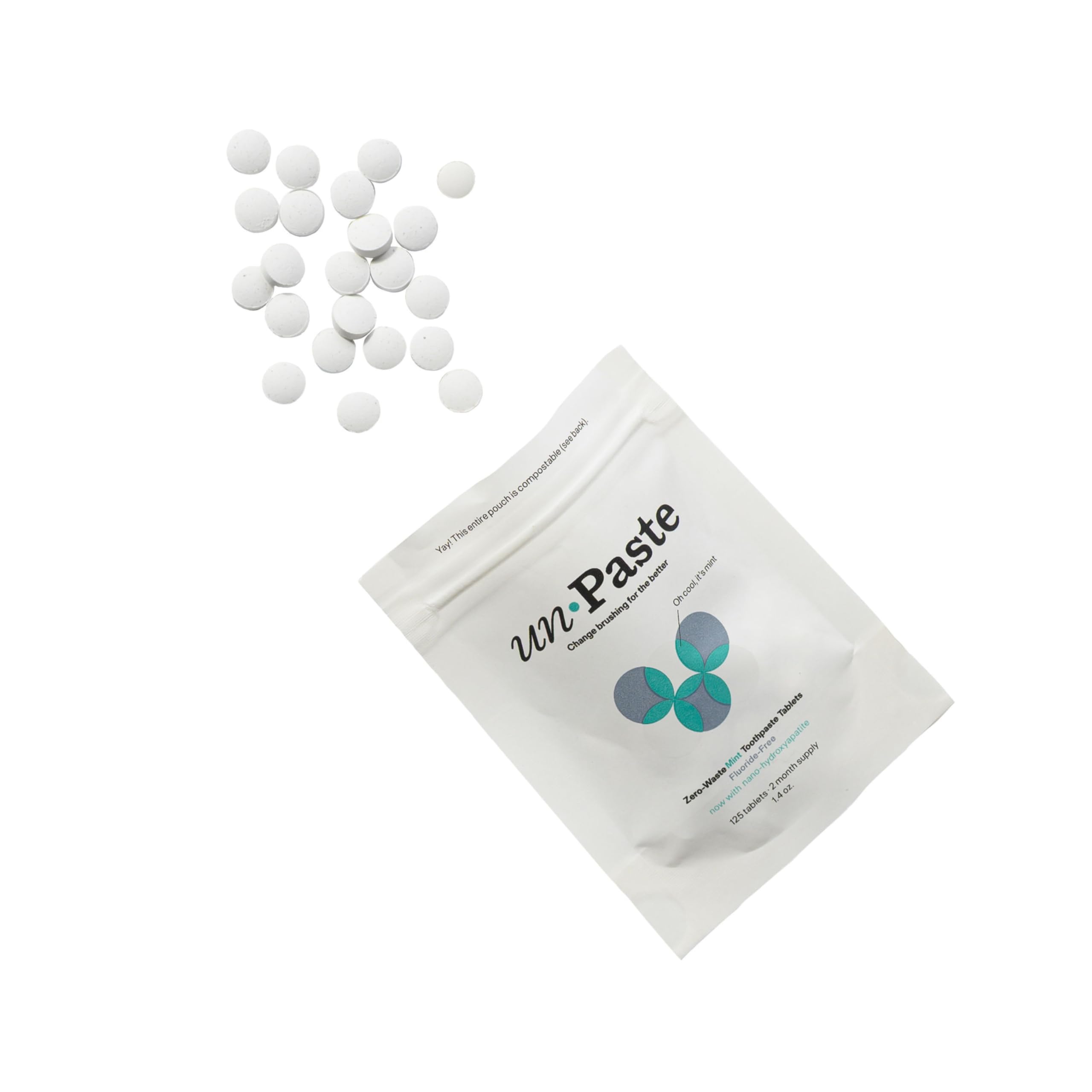Unpaste toothpaste tablets, 125 count, travel-friendly.