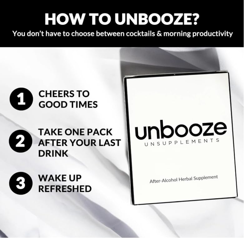 Unbooze box front displays convenient five-capsule packs for on-the-go relief