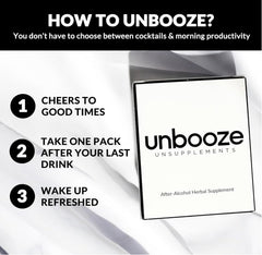 Unbooze box front displays convenient five-capsule packs for on-the-go relief