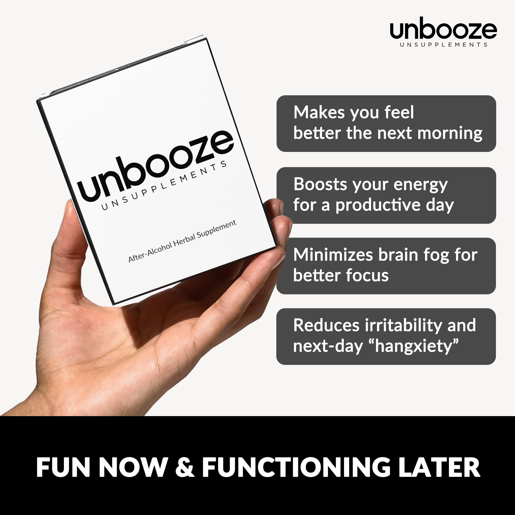 Unsupplements Unbooze capsules close-up for fast daytime relief after a night out