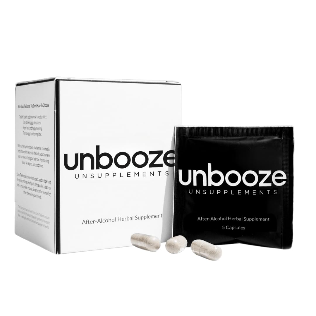 Unsupplements Unbooze packaging box showcasing post-party recovery for quicker morning clarity