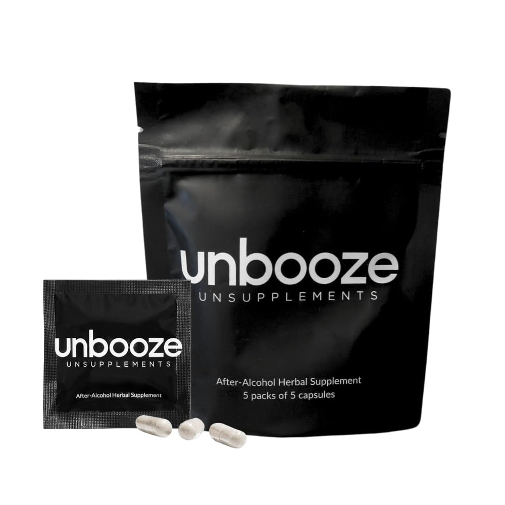 Unsupplements Unbooze packs and bottle shown for travel-friendly recovery