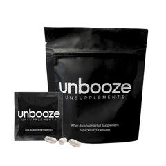 Unsupplements Unbooze packs and bottle shown for travel-friendly recovery