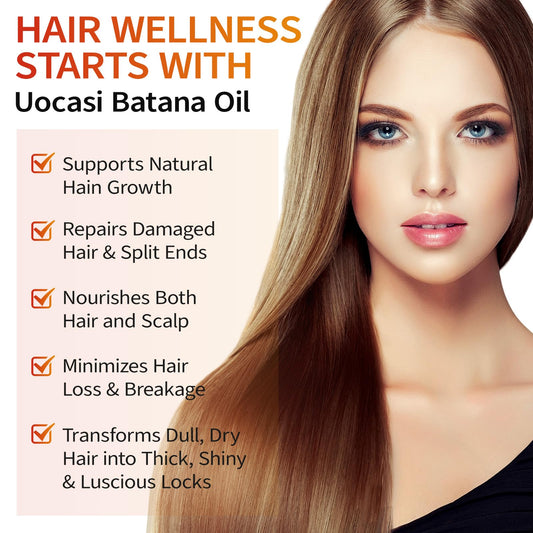 Uocasi Batana oil bottle pour illustrating easy scalp hydration.