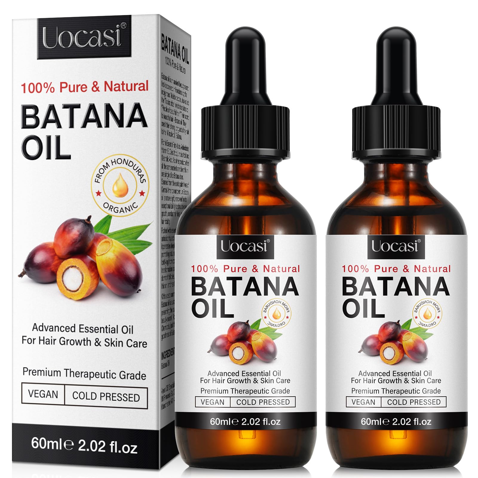 Uocasi Batana oil bottle showing pure, nourishing formula for hair care.