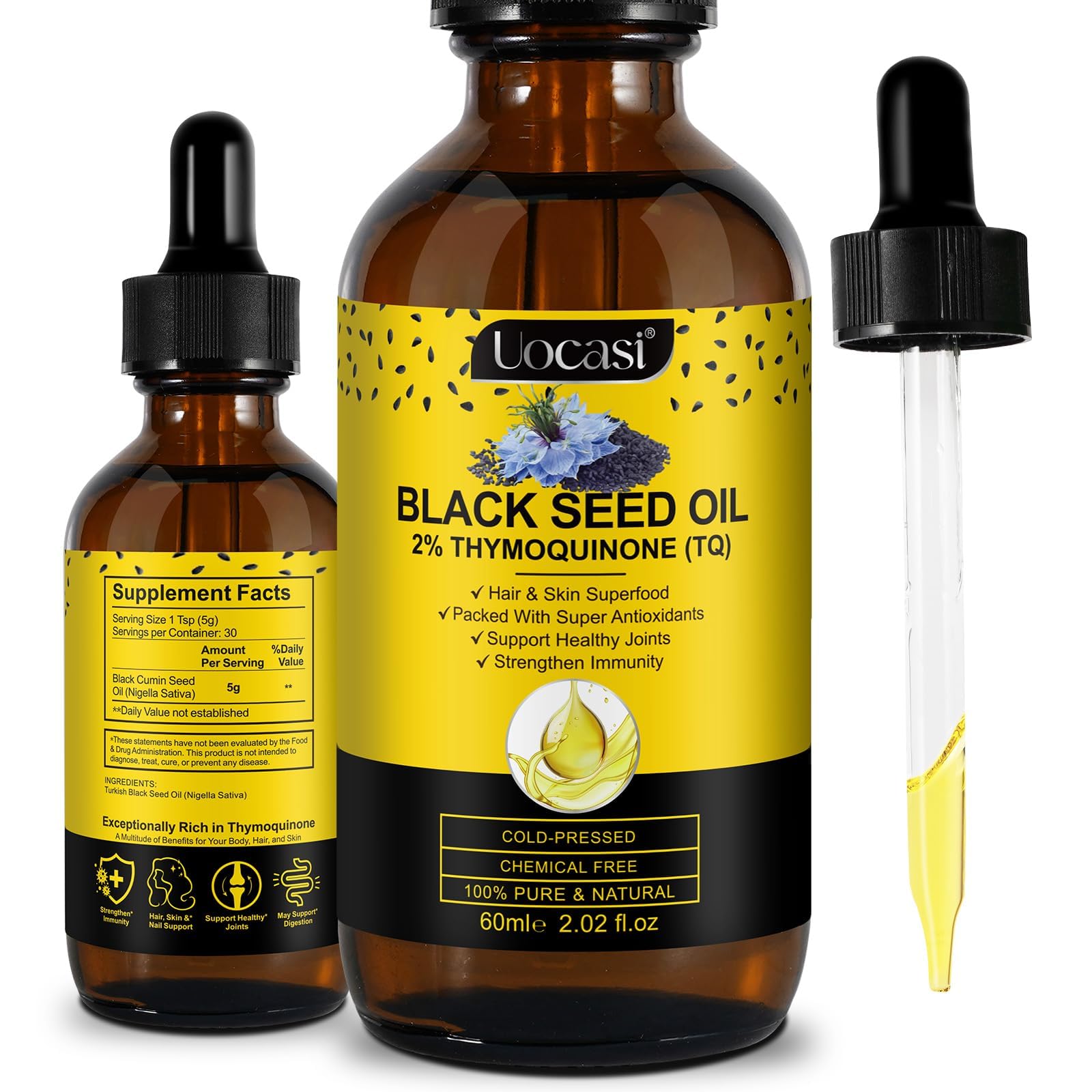 Uocasi Black Seed Oil bottle on white background