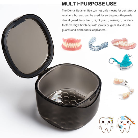 Denture box showing built-in rinsing basket for cleaning false teeth