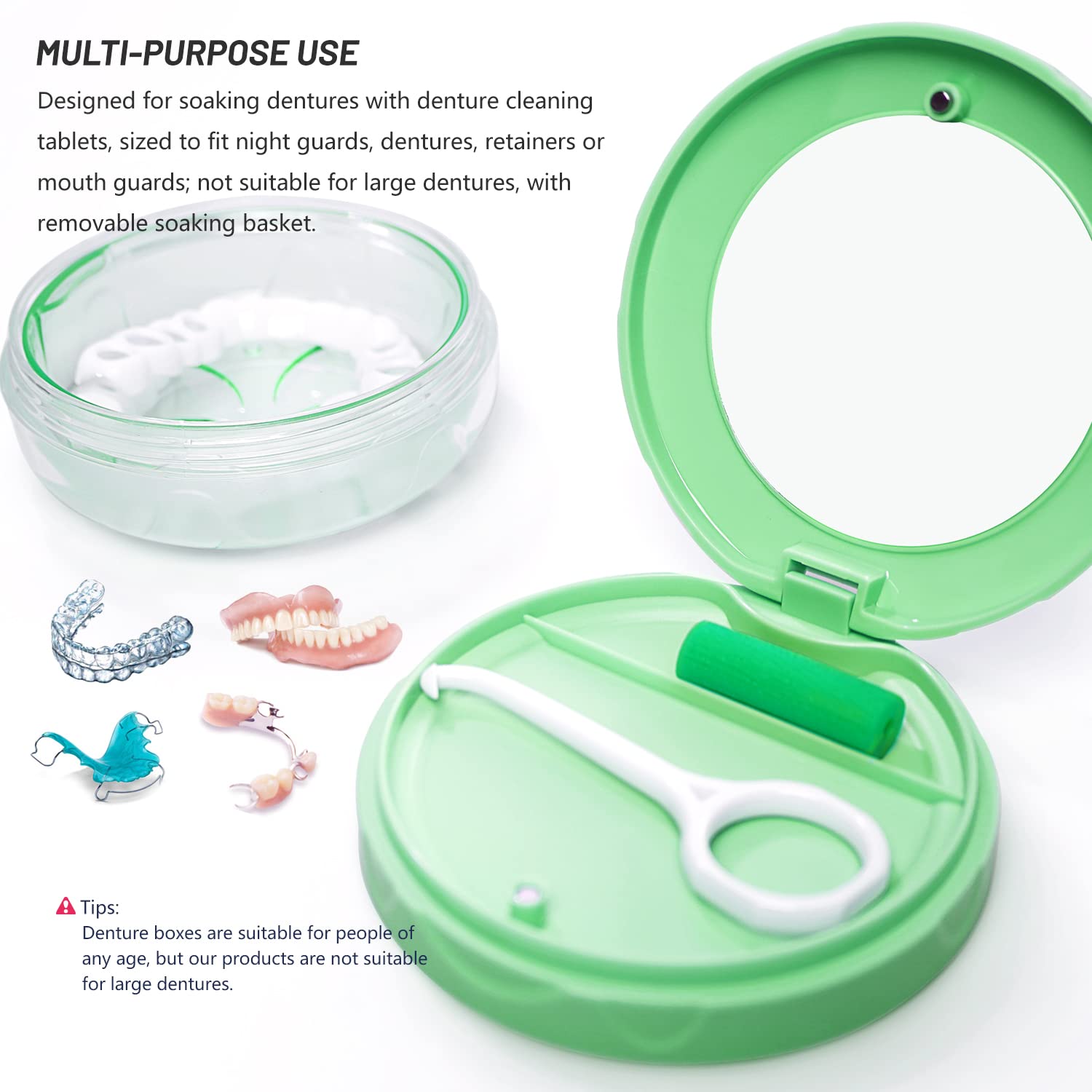 Denture case with perforated basket and carrying handle
