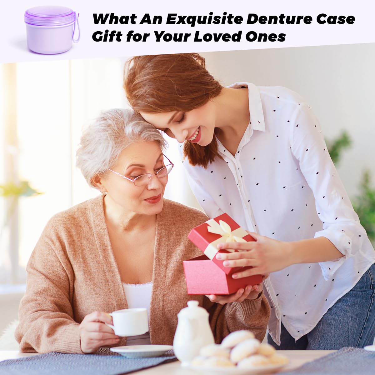 Compact travel-ready denture bath cup in purple