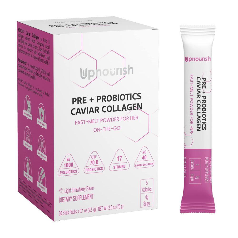 UpNourish Probiotics packaging featuring Caviar Collagen